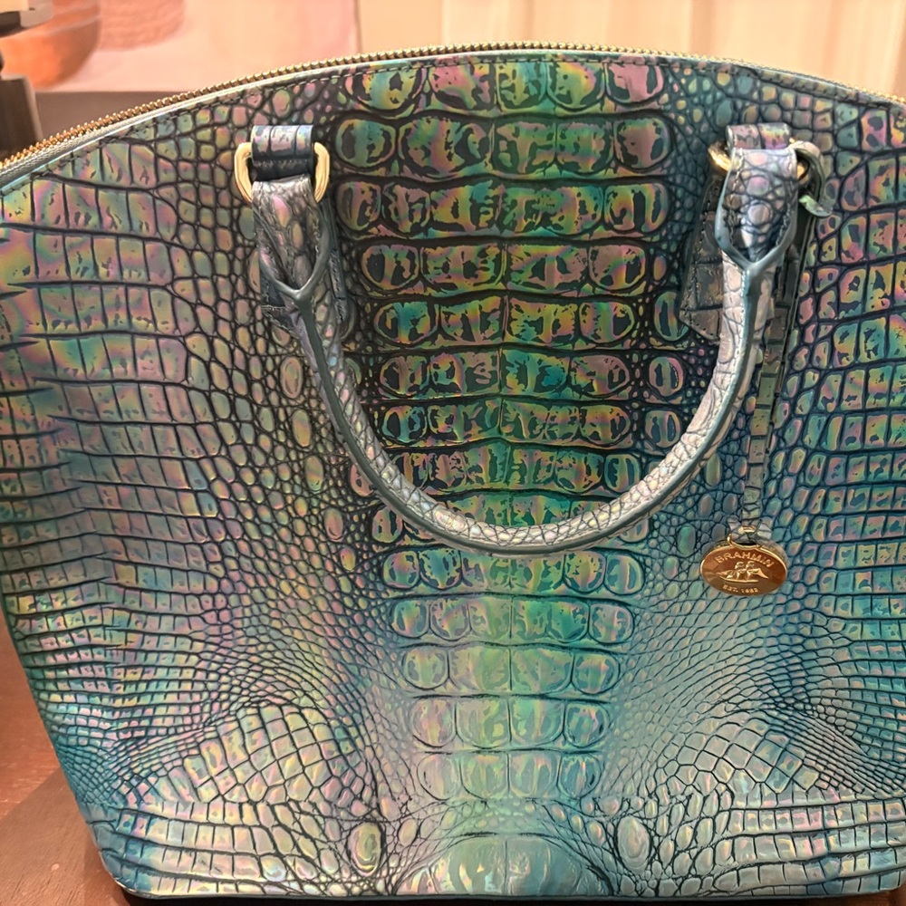 Brahmin Iridescent Teal Blue Croc-Embossed Satchel - Picture 7 of 11